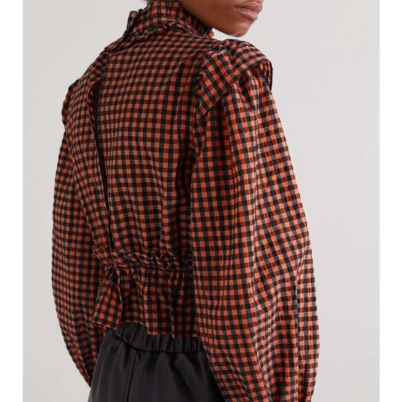 Ganni Ruffled Seersucker Button Neck Open Back Blouse Top Flame Check Women’s 32 - Picture 2 of 9